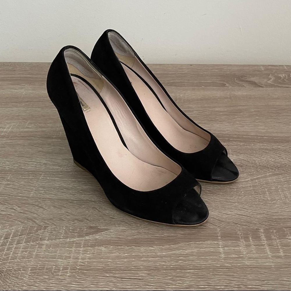 “MIU MIU” Suede Wedge Open Toe Shoes